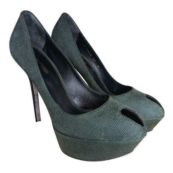Sergio Rossi Dark Green Textured Suede Peep Toe Platform Pumps 37 - Picture 1 of 15